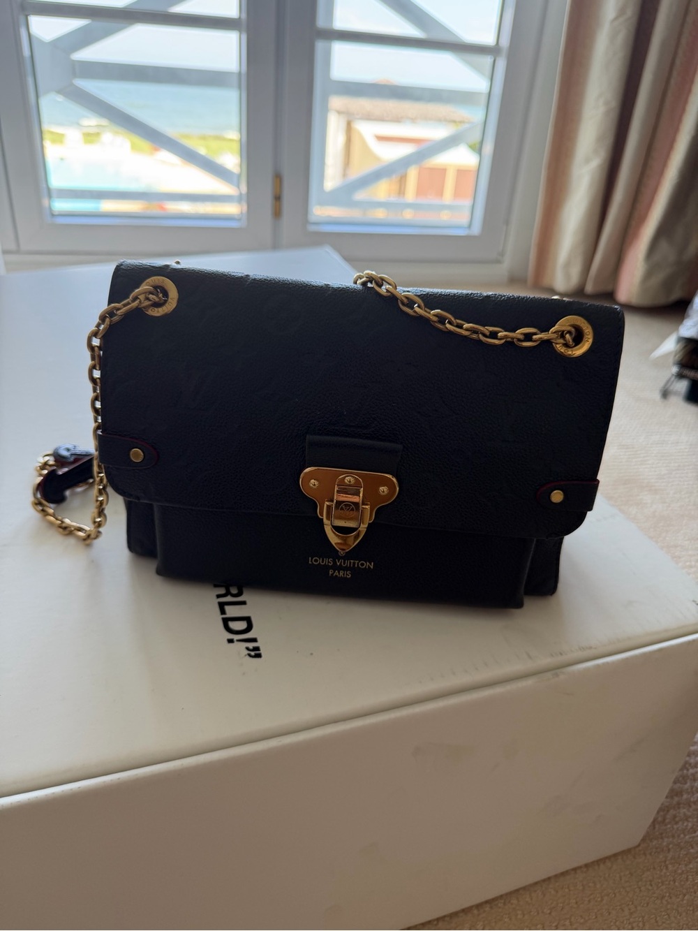 Louis Vuitton Black Leather Shoulder Bag with Gold Chain